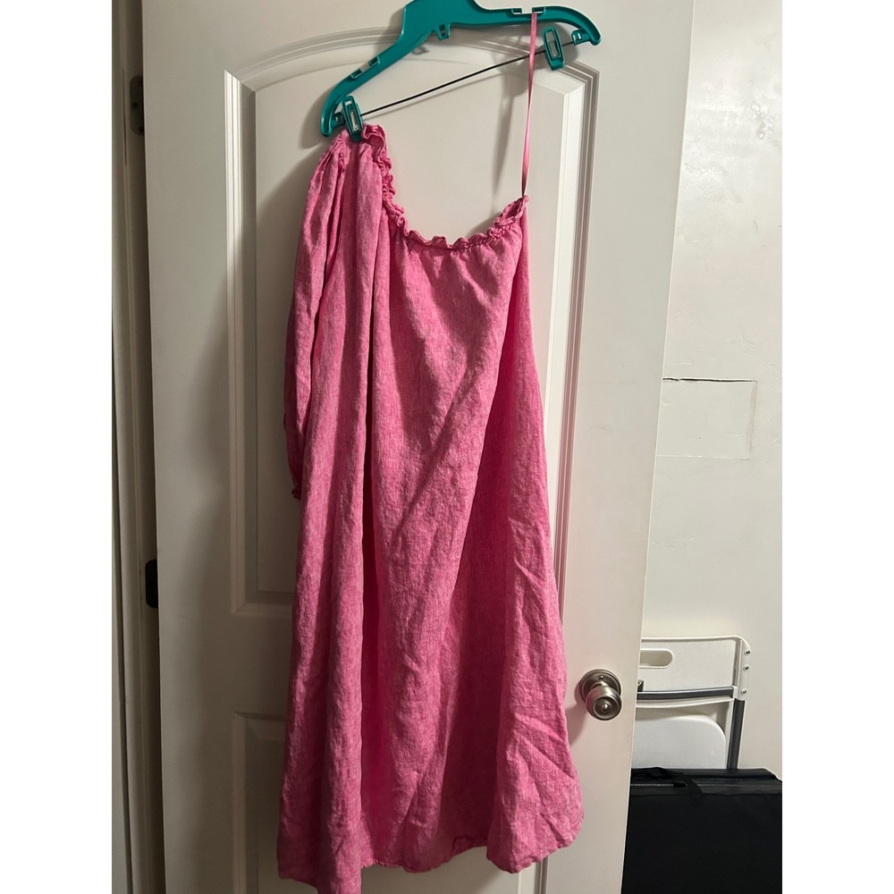 LAKE‎ Milly Pink 100% Linen One Shoulder Midi Dress Long Puff Sleeve Womens M - Picture 5 of 8